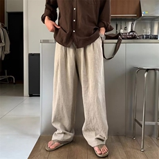 薄款亚麻阔腿休闲裤男夏季韩版宽松垂感直筒裤简约阔腿长裤，男装休闲裤，星座506A