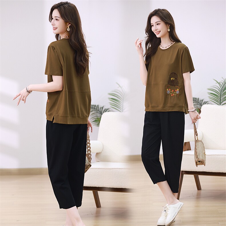 时尚夏季新款T恤九分裤两件套宽松显瘦休闲套装，女装套装/套裙，梦芯尔