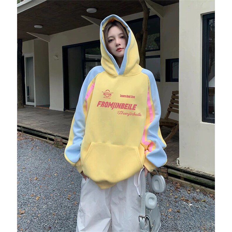 抖音得物秋装美式重磅全棉拼接撞色连帽卫印花衣外套A3206,女装短外套,电商A443