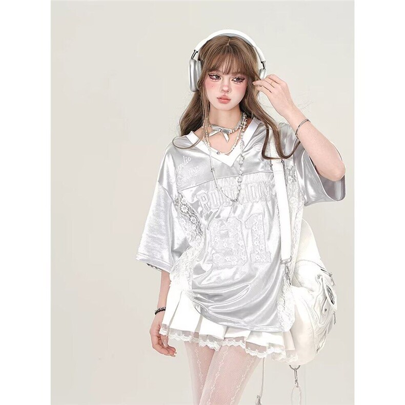 潮流亮面运动风宽松短袖T恤女男2025年夏季新款拼接v领蕾丝上衣，女装T恤，星座506A