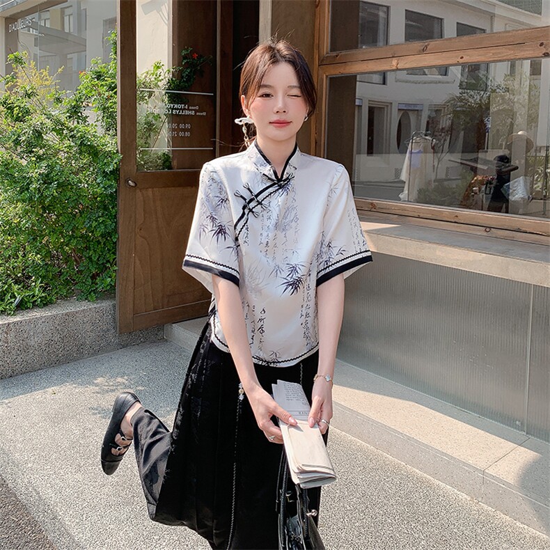 黑白新中式国风复古水墨画套装裙女2025夏季新款上衣半身裙两件套,女装套装/套裙,2C029
