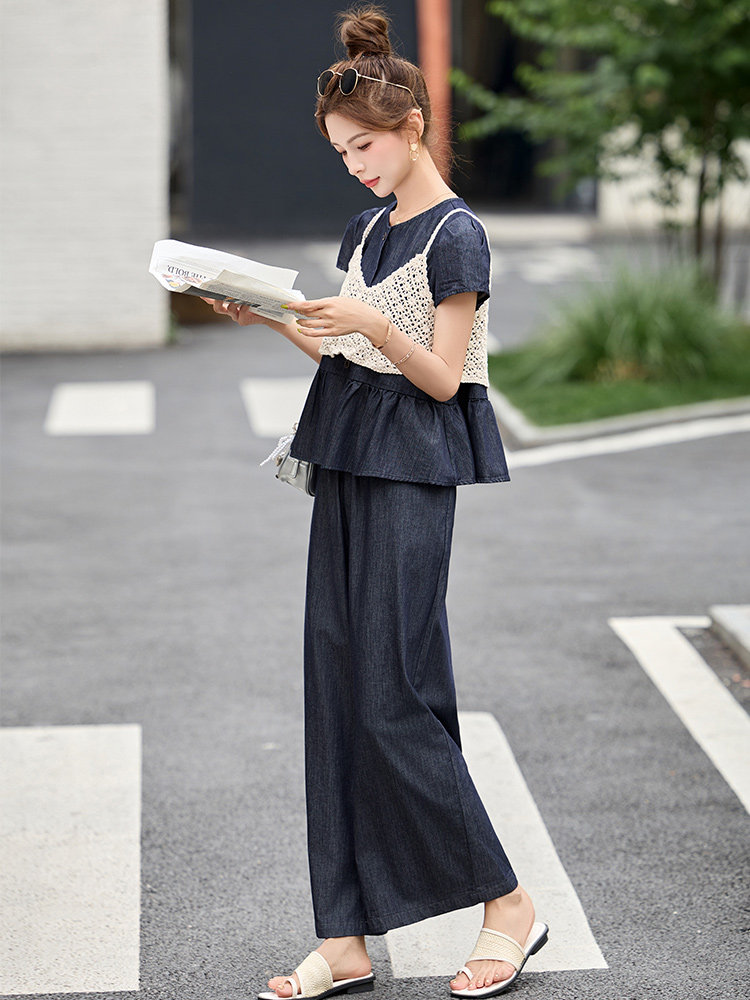 牛仔套装女2025夏季新款韩版宽松显瘦阔腿裤镂空吊带三件套,商品下架区,韩然一族