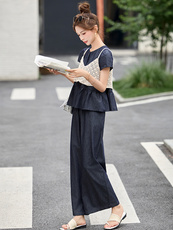 牛仔套装女2025夏季新款韩版宽松显瘦阔腿裤镂空吊带三件套，商品下架区，韩然一族
