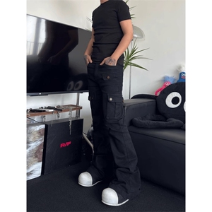 美式高街绑带微喇工装牛仔裤男款cleanfit修身提档直筒弯刀裤图片