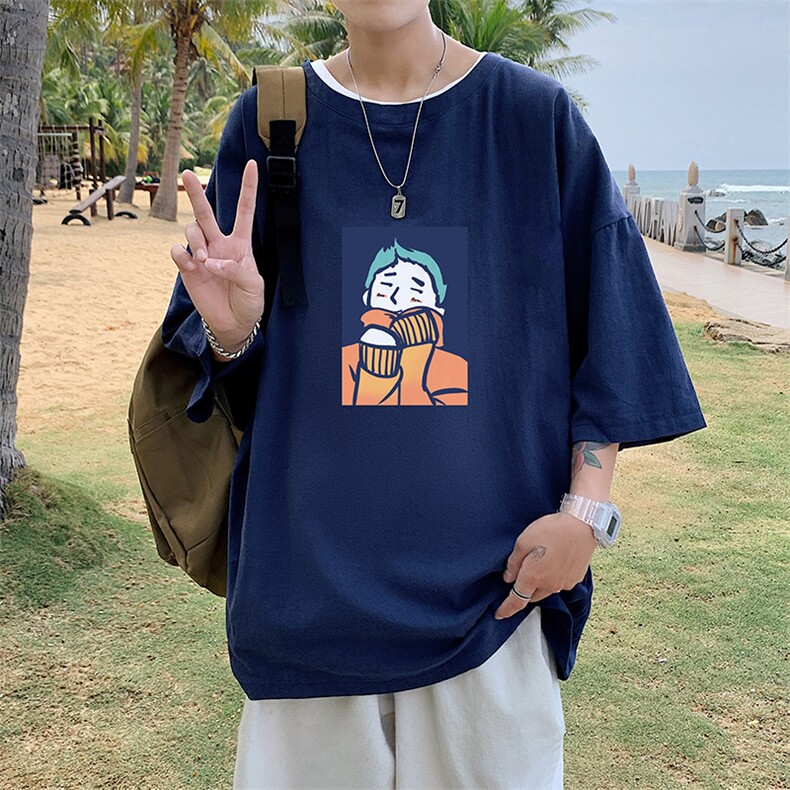 YT26042-P30亚麻短袖t恤男大码五分袖男宽松七分袖港风模特,男装T恤,电商A040