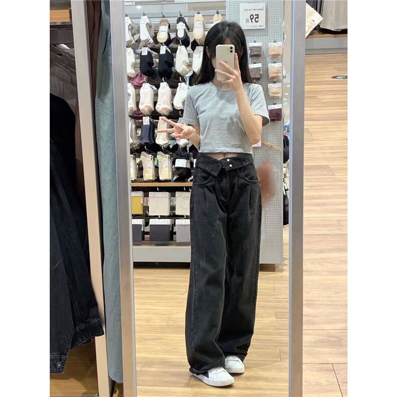 水洗黑复古阔腿牛仔裤女夏季新款显瘦宽松直筒高腰拖地裤子ins潮,男装牛仔裤,星座506A