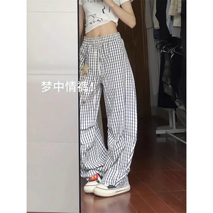 送挂件泡泡格子弯刀裤男女夏季松弛感阔腿裤子美式复古伞兵休闲裤图片