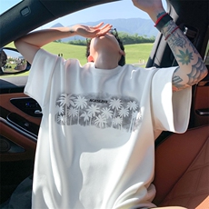 藏青色麂皮绒t恤男夏季美式高街青少年短袖潮牌痞帅炸街半袖体恤，男装T恤，电商B371