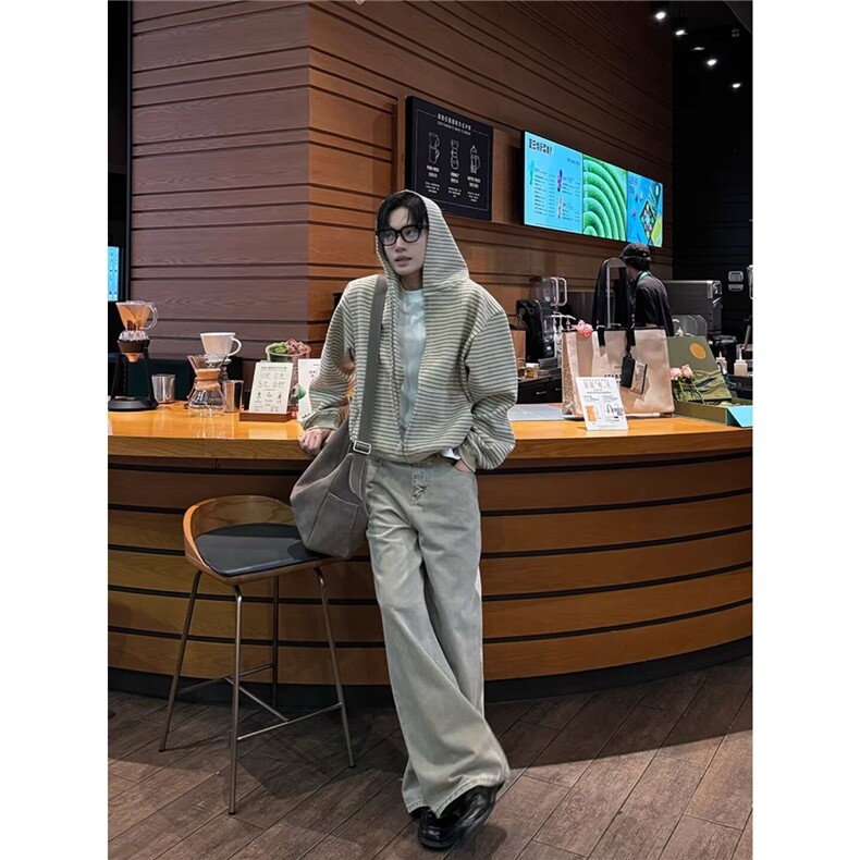W581-P88男女同款条纹绒感复合日系时尚新款慵懒潮流开衫卫衣,男装卫衣,星座911-1