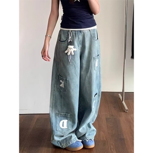 潮美式复古字母小标刺绣口袋弯刀装牛仔裤百搭裤图片