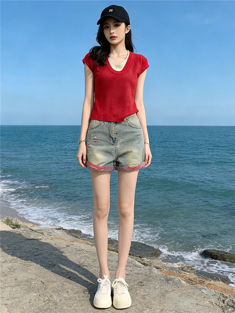 时尚简约套装女夏收腰显瘦撞色拼接短袖针织衫破洞牛仔短裤两件套,女装套装/套裙,江南