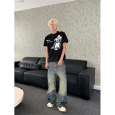 美式高街复古侧边捏褶微喇牛仔裤男女直筒阔腿休闲长裤潮，男装牛仔裤，四季星座505