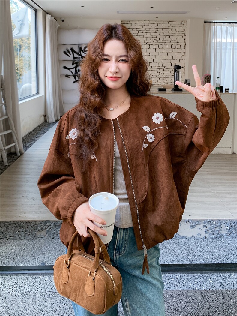咖色刺绣麂皮绒外套女2025秋季新款超好看复古宽松小个子圆领上衣,女装短外套,浙宝101