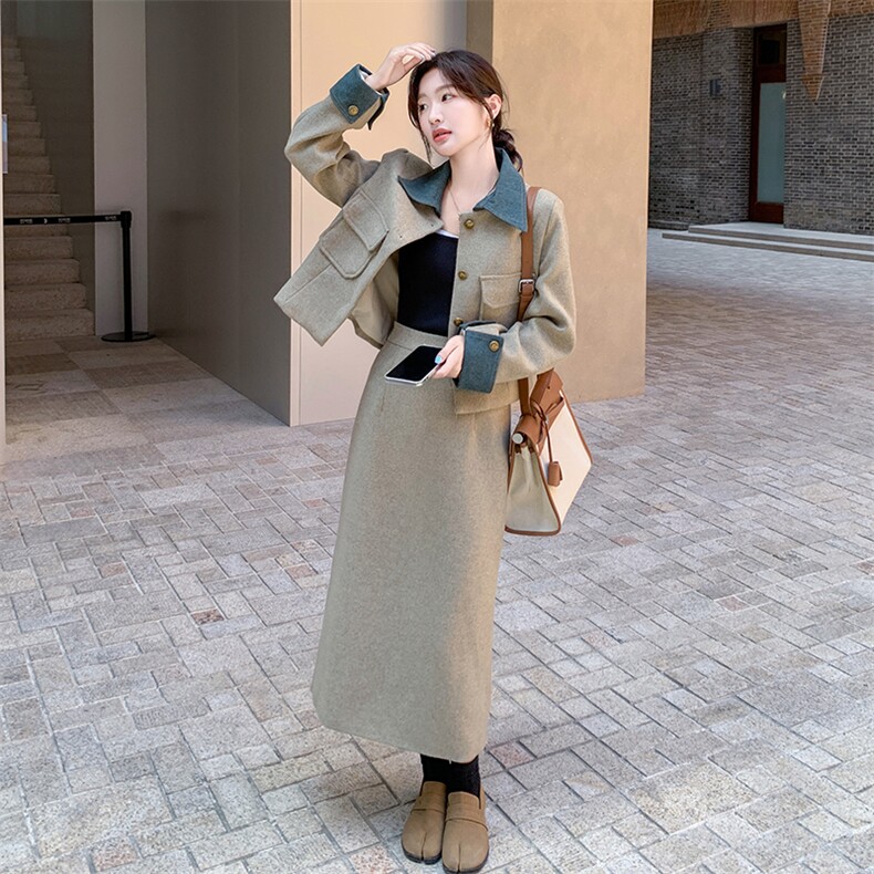 新品主推附买家秀毛呢牛仔拼色两件套705-P195-K278,女装套装/套裙,2C075