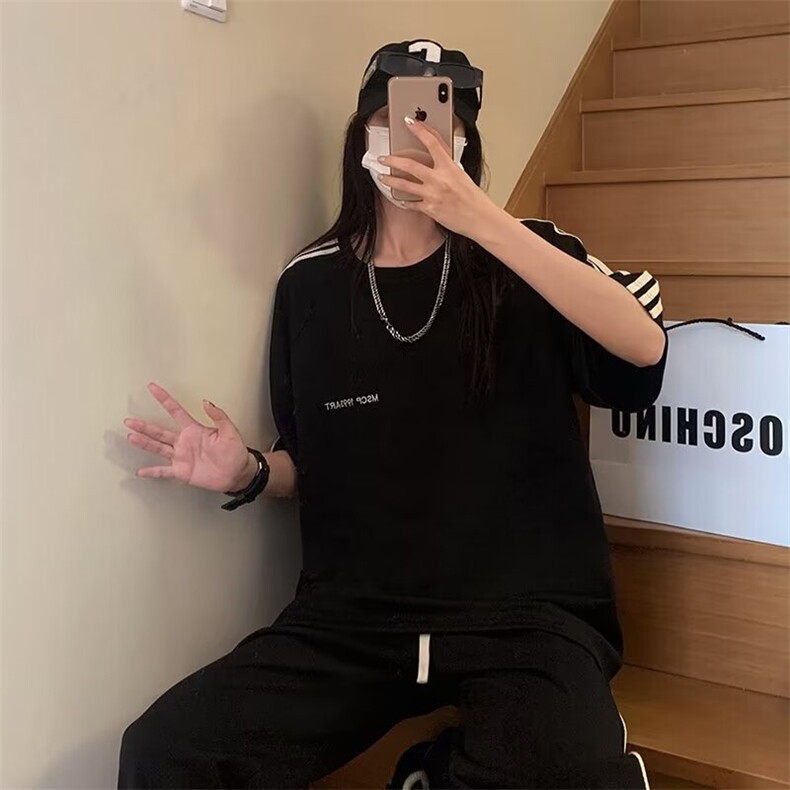 夏季短袖T恤美式复古运动三条杠宽松大码半袖上衣1001-1-TX01-P40,男装T恤,星座1001-1