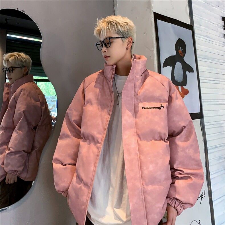 港风立领PU皮复古做旧印花字母图案设计棉衣男MY77719P130控178，男装棉衣，星座227-7