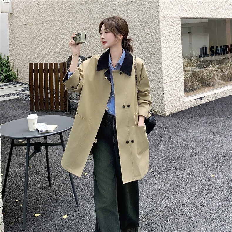 韩版英伦风大衣卡其色翻领中长款风衣外套女秋,女装风衣,乔安迪