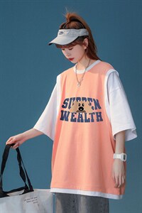 中性风  2023新款假两件字母印花休闲情侣短袖T529 P35---控58图片