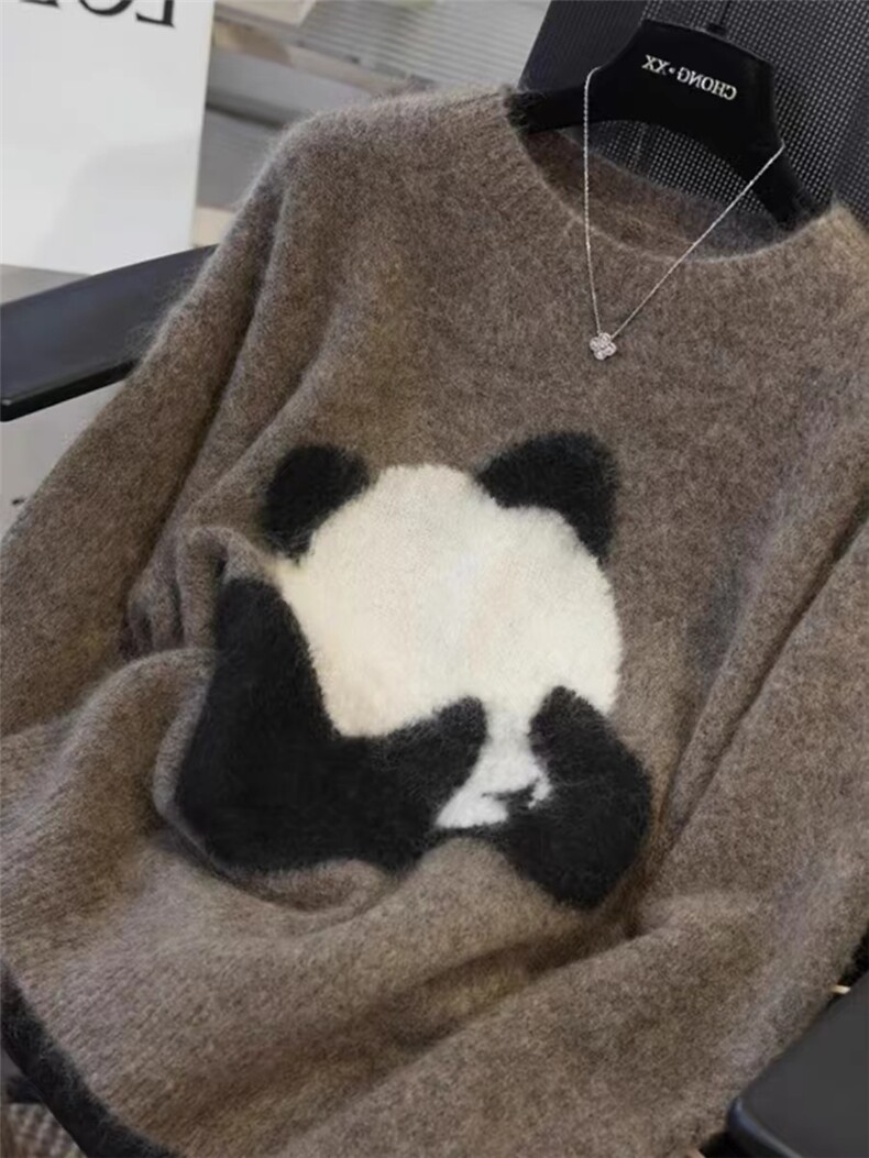 新款秋冬季时尚潮流熊猫图案圆领套头毛衣,针织衫/毛衣,千御纺羊绒