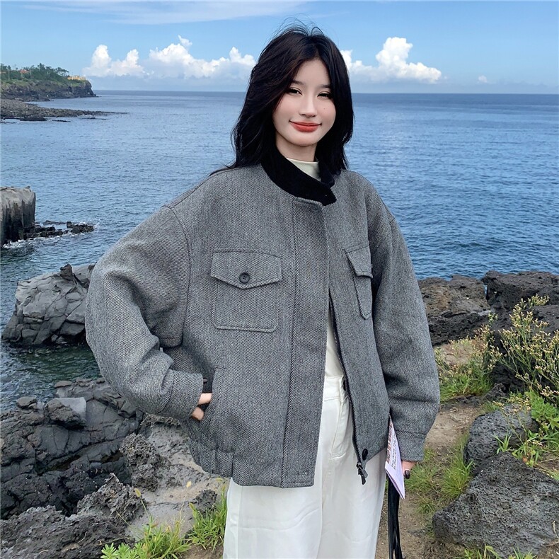 现货：冬装新款复古韩系撞色毛呢羽绒服2C135-8927P285K428,女装羽绒服,2C135