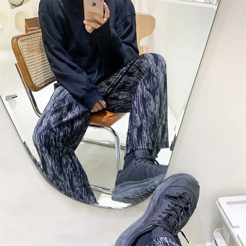 黑色扎染阔腿裤子女宽松直筒春秋夏季薄款休闲裤 P30图片