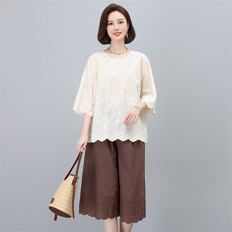 纯棉刺绣套装女2025年新款夏日绝美穿搭一整套年轻妈妈休闲两件套,女装套装/套裙,奕阳依阁