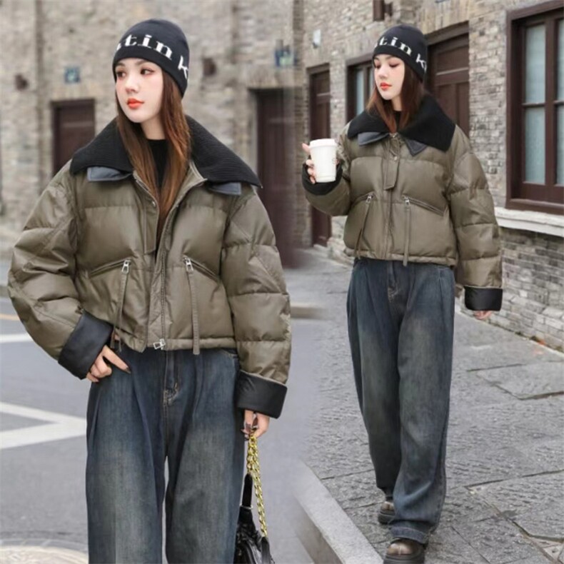 2024冬装新款时尚针织皮衣鹅绒服充绒量90%,女装羽绒服,曼琳思菲