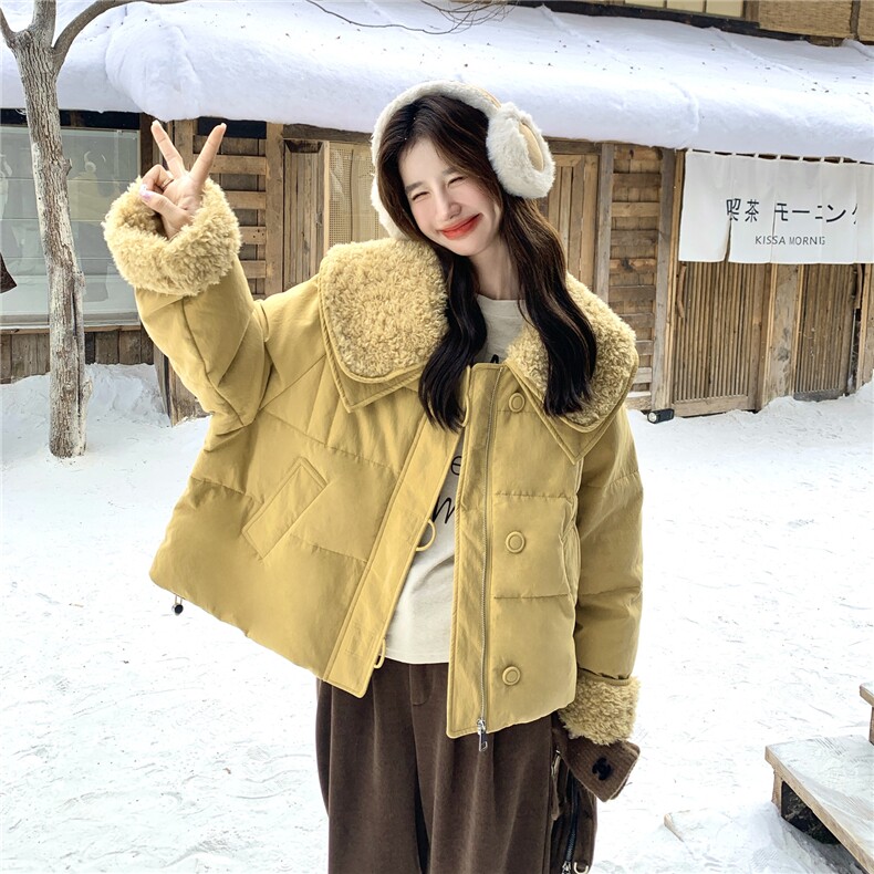 现货！毛领拼接双层领黄色90绒羽绒服2C056-7101-P325控488,女装羽绒服,2C056