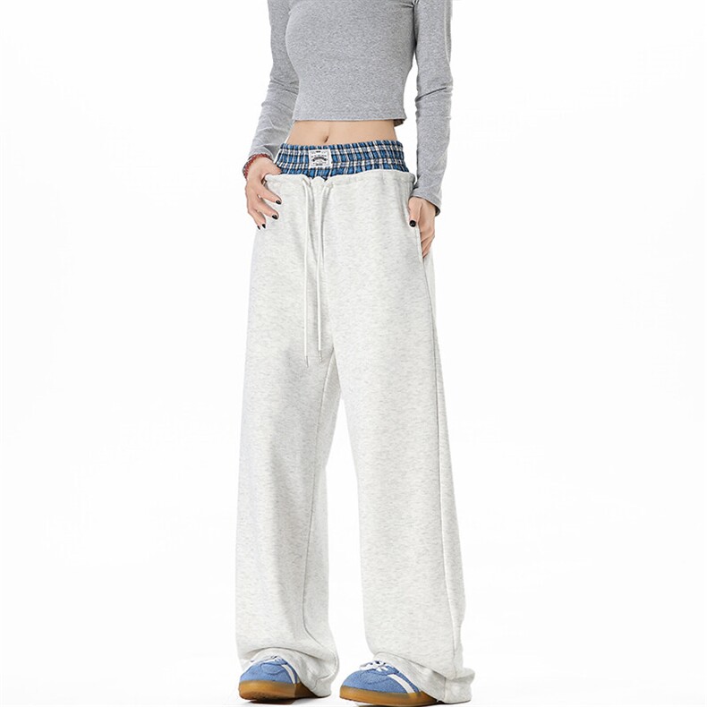 格子撞色拼接运动卫裤男春秋季美式潮牌大码垂感拖地阔腿弯刀裤子，男装休闲裤，电商A001