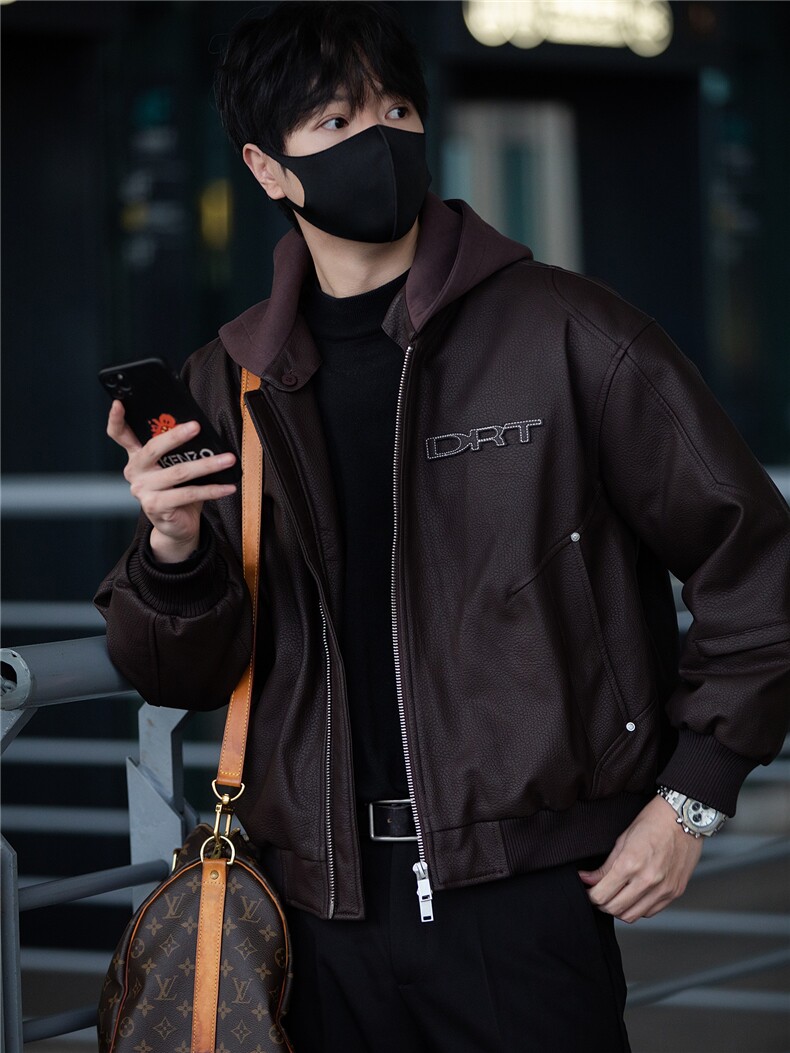 标50绒街拍男士连帽可拆卸PU皮羽绒服保暖外套B338-5066-P275,男装羽绒服,电商B338