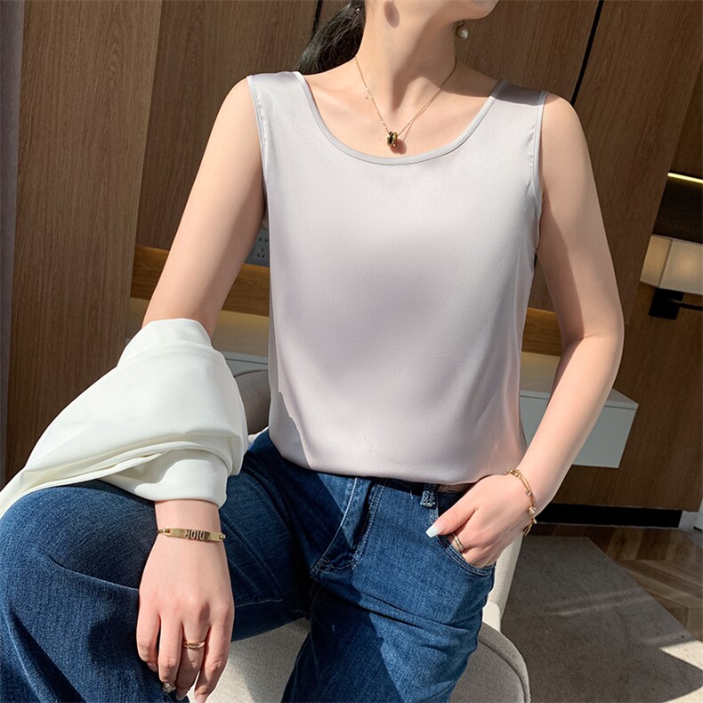 真丝小吊带背心女夏季圆领配西装内搭宽松打底桑蚕丝上衣丝质缎面,女装背心吊带,朝贺羊绒