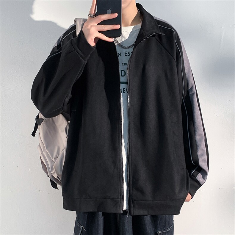 麂皮绒开衫夹克潮牌日系撞色拼接男宽松外套,男装夹克,电商A102