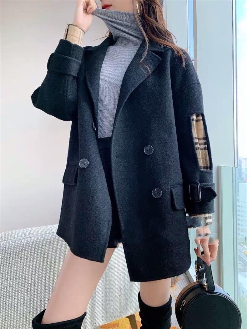 2021秋季新款韩版时尚潮流袖拼接格四粒扣双口袋百分百羊毛,女装其它,L·H·X