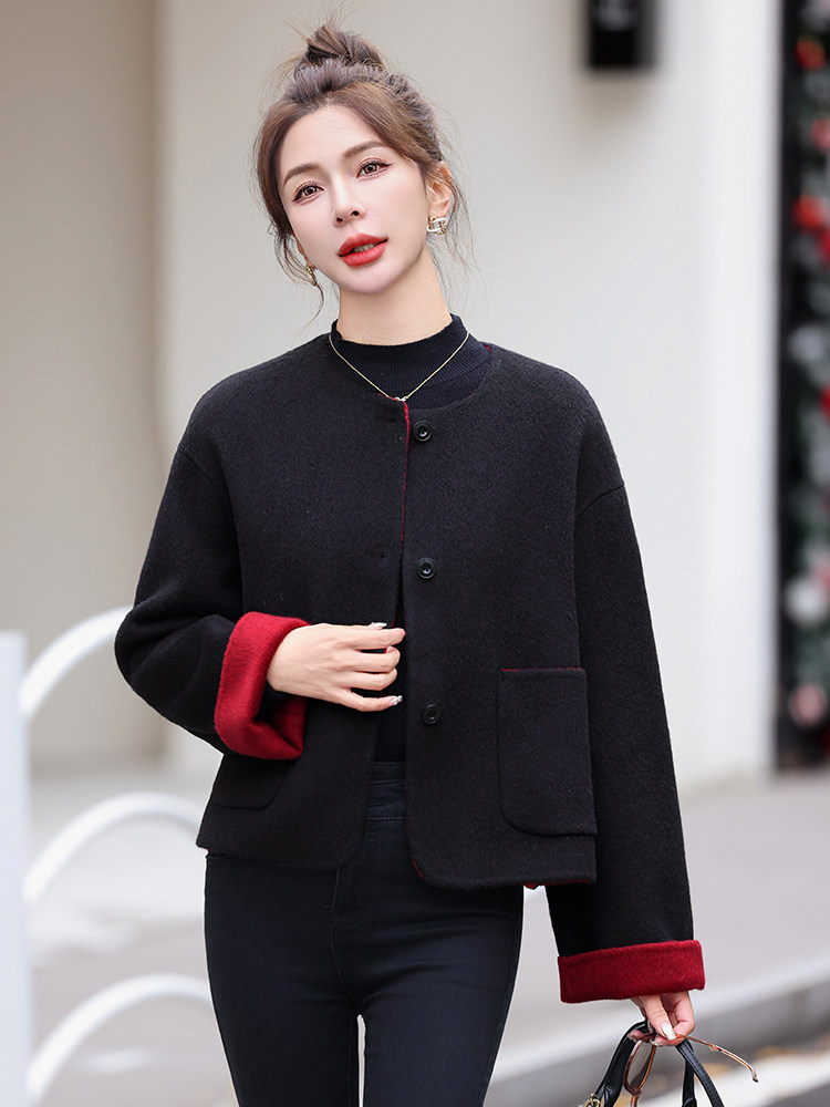 里外撞色双面呢短款外套2026年冬季新款手工双面呢时尚羊毛大衣女,女装双面呢大衣,衣之秀