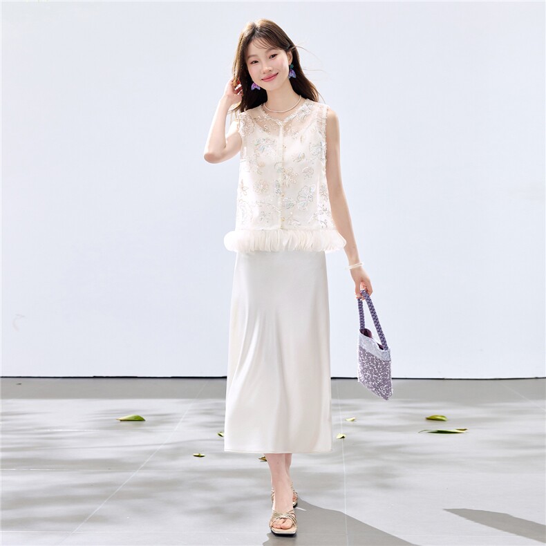 夏季新款现货！2026温柔风重工立体花卉马甲+珍珠吊带长裙套装女,女装套装/套裙,宝儿家