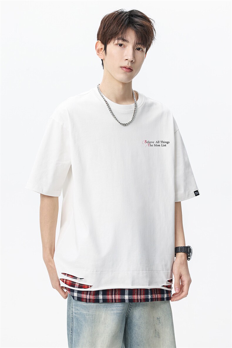 2025美式复古破洞设撞色拼接格宽松圆领短袖T恤TC31109RK02-P26,男装T恤,星座717