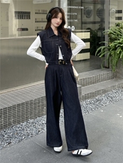 复古牛仔套装女2025秋季新款短袖马甲上衣阔腿长裤套装，女装套装/套裙，瑶迪依秀