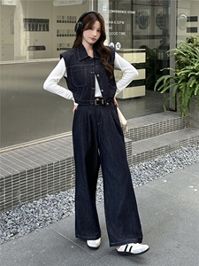复古牛仔套装女2025秋季新款短袖马甲上衣阔腿长裤套装图片