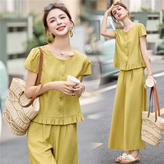 现货新款2025年夏季简约休闲显瘦宽松阔腿裤两件套装，女装套装/套裙，盈茜