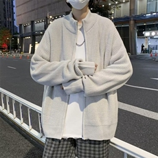 日系灰色开衫毛衣男高街宽松休闲潮流百搭半高领针织衫外套M940，男装针织衫/毛衣，星座601-1