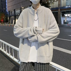 日系灰色开衫毛衣男高街宽松休闲潮流百搭半高领针织衫外套M940图片