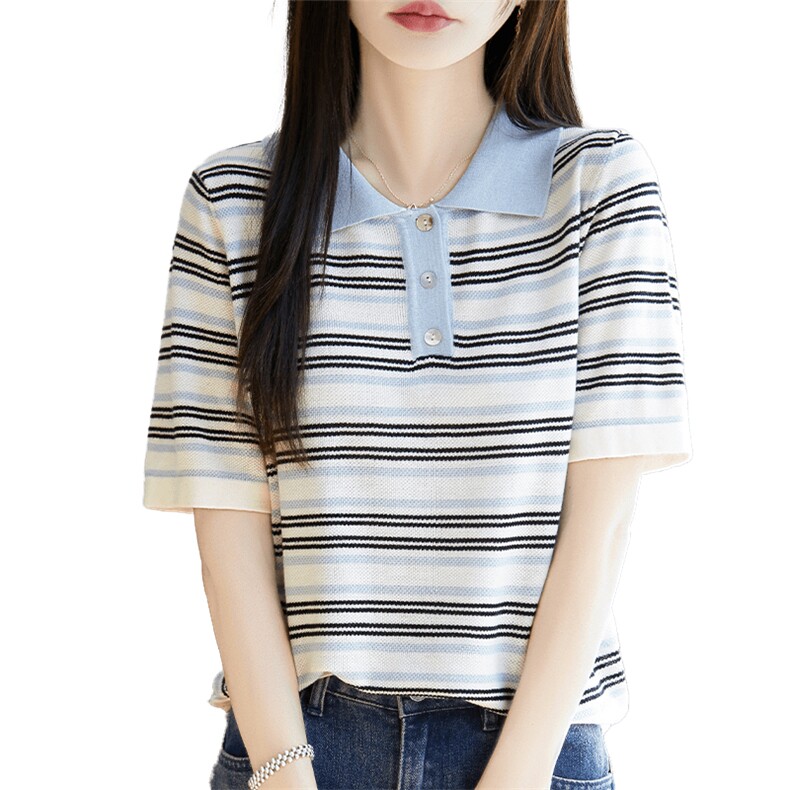 2025春夏新款polo领条纹针织短袖t恤女撞色翻领半袖打底衫薄上衣,针织衫/毛衣,唐诺