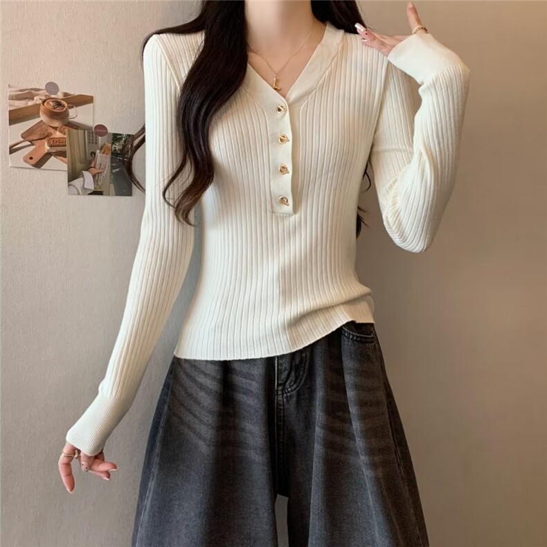 ins常规款长袖修身型V领春秋针织打底衫女毛衣高级感内搭通勤套头,男装针织衫/毛衣,星座506A