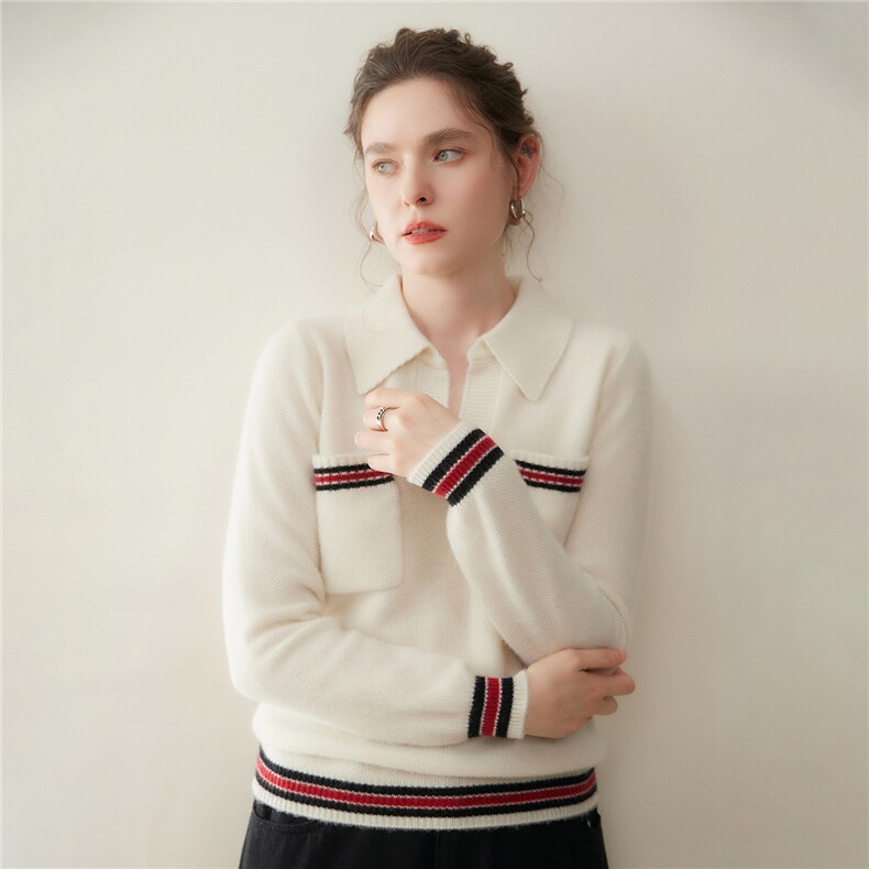 2025年秋季新款双股桂花针双口袋POLO领时尚休闲通勤百搭，女装羊绒衫，澳煜绒