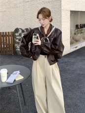 棕色复古美拉德短款皮衣外套女2025秋小个子又酷又飒圆领PU皮夹克，女装皮衣，慧尚2-185