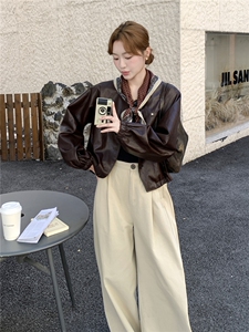 棕色复古美拉德短款皮衣外套女2025秋小个子又酷又飒圆领PU皮夹克图片