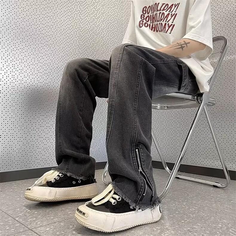 春款牛仔裤男欧美高街vibe裤子宽松直筒拉链开叉毛边微喇裤,男装牛仔裤,星座410-7