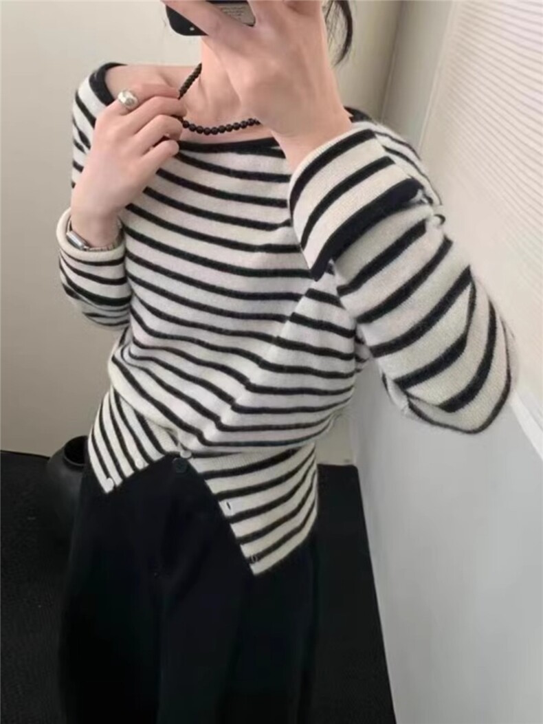 韩版斜肩100衫女套头条纹冬季新款修身针织羊毛打底衫毛衣,女装羊毛衫,佳弈羊绒
