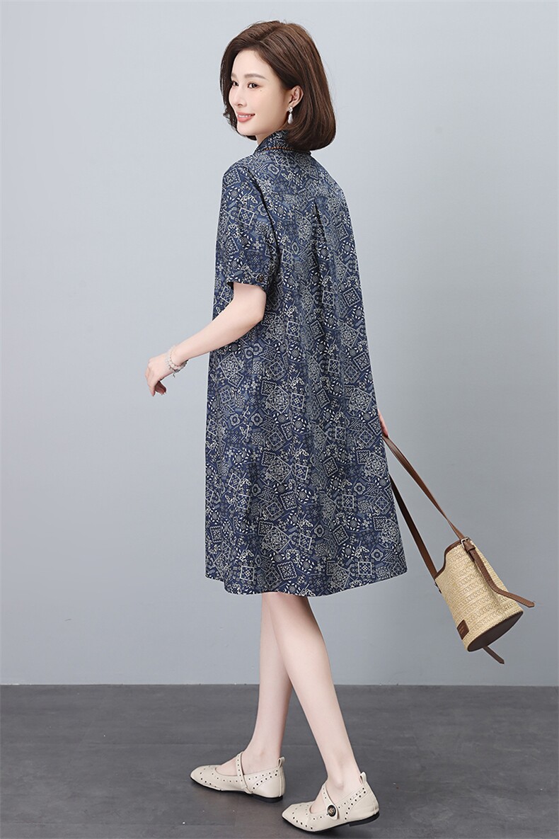 纯棉印花连衣裙女夏2025新款宽松大码中年妈妈遮肚子显瘦衬衫裙子,女装连衣裙,依恋蒂丝