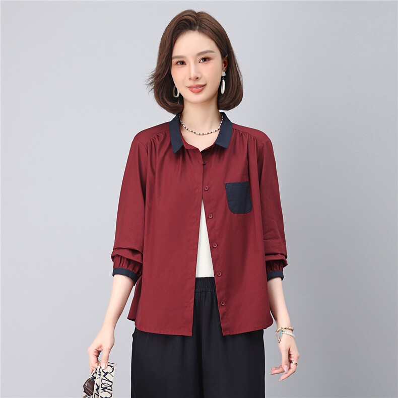 2025年秋季时尚撞色翻领纯棉100%休闲文艺衬衣,女装衬衫,依恋蒂丝
